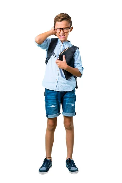 Cuerpo Completo Student Boy Con Mochila Gafas Que Cubren Ambas —  Fotos de Stock