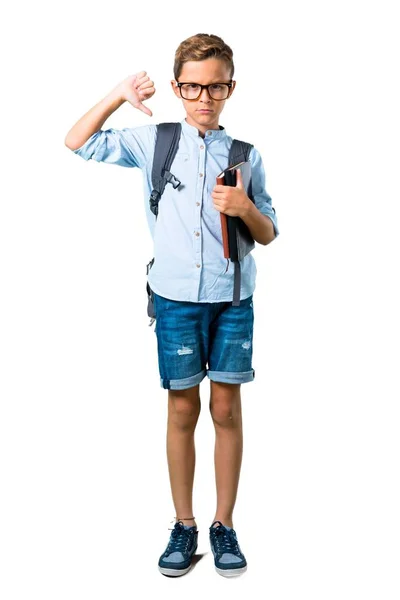 Cuerpo Completo Estudiante Con Mochila Gafas Que Muestran Pulgar Hacia —  Fotos de Stock