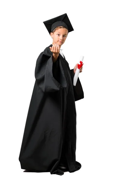 Full body of Little boy graduating presenting and inviting to come on isolated white background