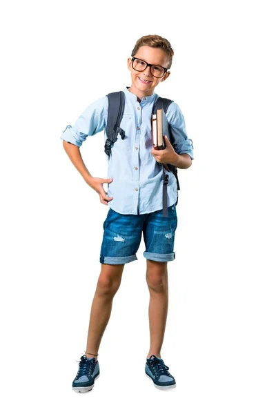 Pełne Ciało Studenta Chłopiec Plecaka Okulary Stwarzające Bronią Biodrze Białym — Zdjęcie stockowe