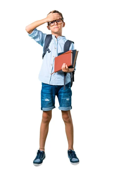 Pełne Ciało Studenta Chłopiec Plecaka Okulary Obejmujące Oczy Przez Ręce — Zdjęcie stockowe