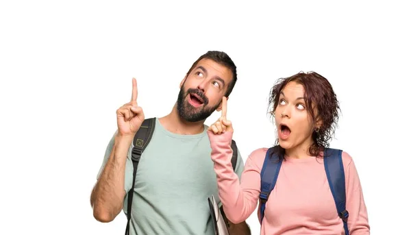 Dos Estudiantes Con Mochilas Libros Con Intención Realizar Solución Mientras — Foto de Stock