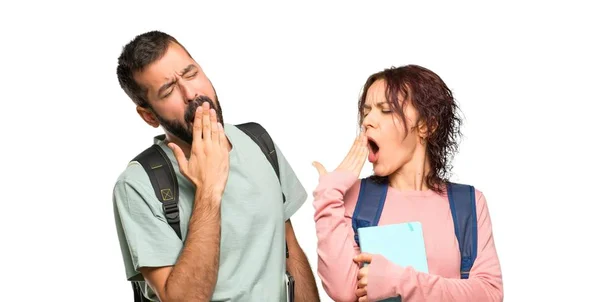 Zwei Studenten Mit Rucksäcken Und Büchern Gähnen Und Den Mund — Stockfoto