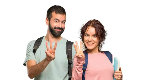 Twee Studenten Met Rugzakken Boeken Gelukkig Tellen Drie Met Vingers — Stockfoto