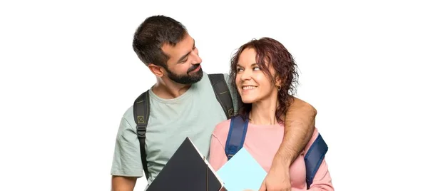 Happy Two Students Backpacks Books Isolated White Background — Stock Photo, Image