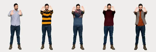 Set Handsome Man Making Stop Gesture Disappointed — Stock Photo, Image