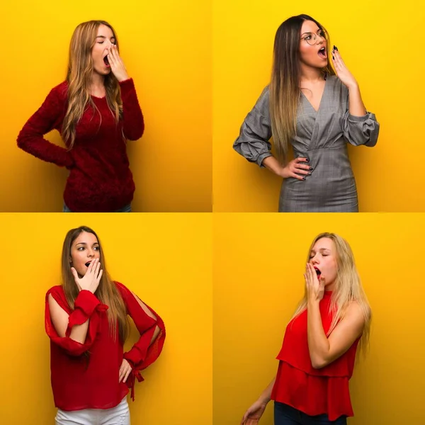 Set of young women yawning and covering wide open mouth with hand