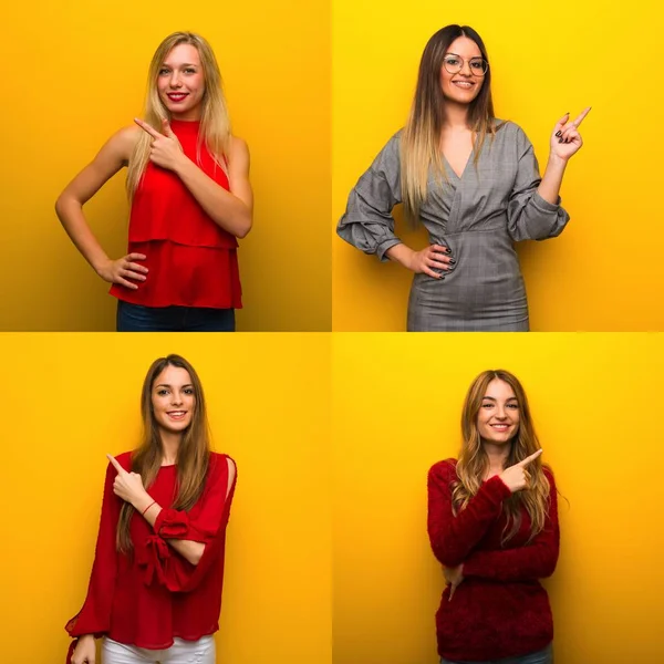 Eine Reihe Junger Frauen Die Zur Seite Zeigen Ein Produkt — Stockfoto