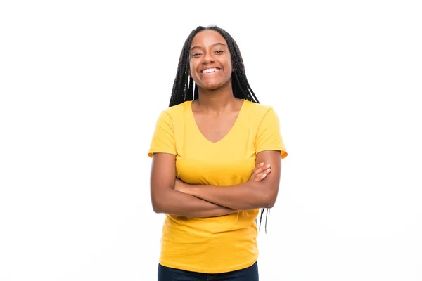 Afro Americano Adolescente Menina Com Longo Trançado Cabelo Sobre Isolado — Fotografia de Stock