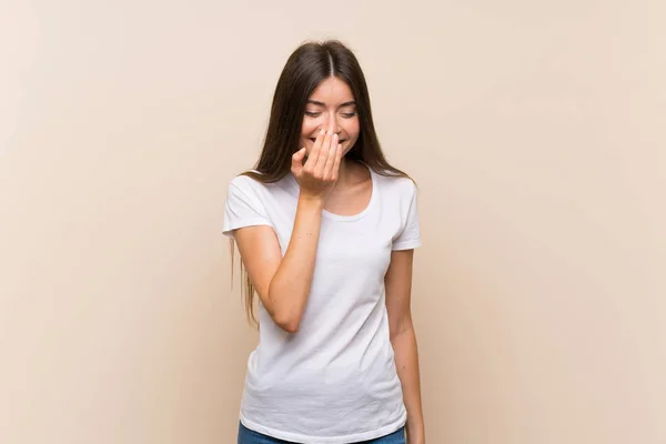 Bastante Joven Chica Sobre Aislado Fondo Sonriendo Mucho —  Fotos de Stock