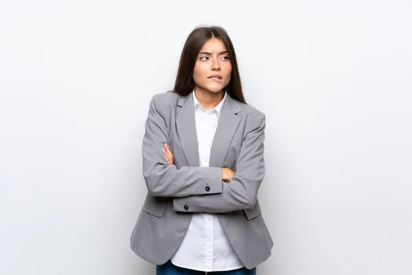 Jeune Femme Affaires Sur Fond Blanc Isolé Avec Expression Visage — Photo