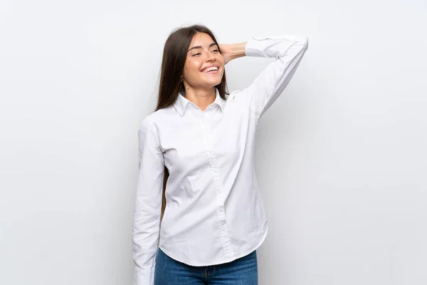 Mujer Joven Sobre Fondo Blanco Aislado Riendo —  Fotos de Stock