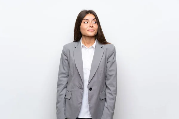 Joven Mujer Negocios Sobre Fondo Blanco Aislado Haciendo Dudas Gesto — Foto de Stock