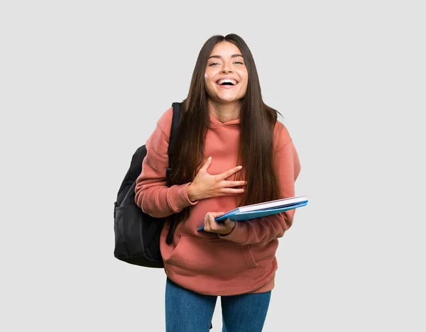 Ung Student Kvinna Som Håller Anteckningsböcker Leende Mycket Över Isolerad — Stockfoto