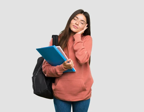 Ung Student Kvinna Håller Anteckningsböcker Göra Sova Gest Dorable Uttryck — Stockfoto