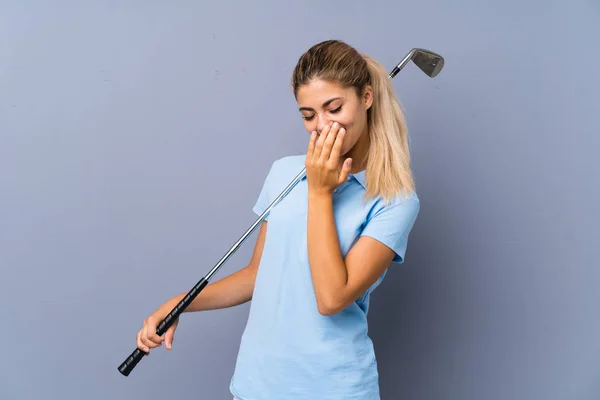 Teenager Golfer Girl Grey Wall Smiling Lot — Stock Photo, Image