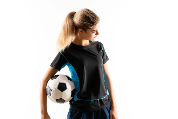 Loira Jogador Futebol Adolescente Menina Sobre Isolado Fundo Branco — Fotografia de Stock