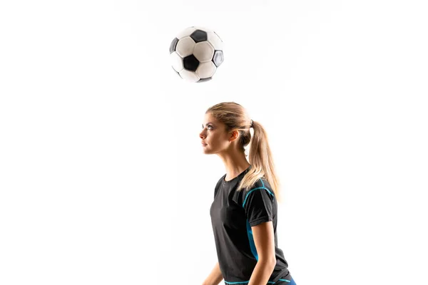 Blondýnka Fotbalovým Hráčem Izolovaném Bílém Pozadí — Stock fotografie
