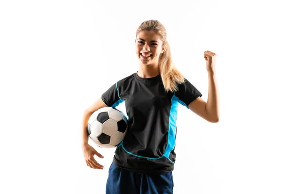 Rubia Jugador Fútbol Adolescente Chica Sobre Fondo Blanco Aislado —  Fotos de Stock