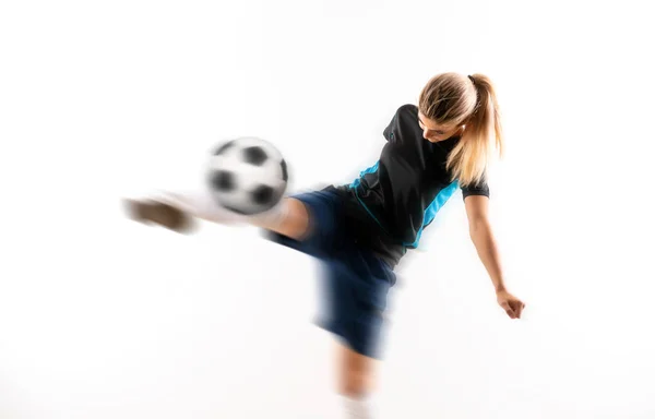 Blondýnka Fotbalovým Hráčem Izolovaném Bílém Pozadí — Stock fotografie