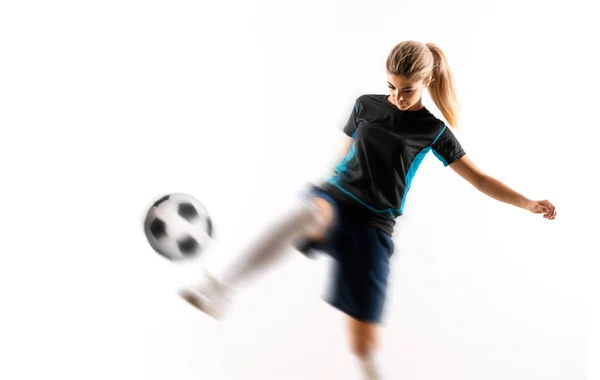 Loira Jogador Futebol Adolescente Menina Sobre Isolado Fundo Branco — Fotografia de Stock