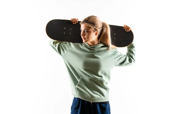 Blondynka Nastolatek Skater Dziewczyna Białym Tle Biały — Zdjęcie stockowe
