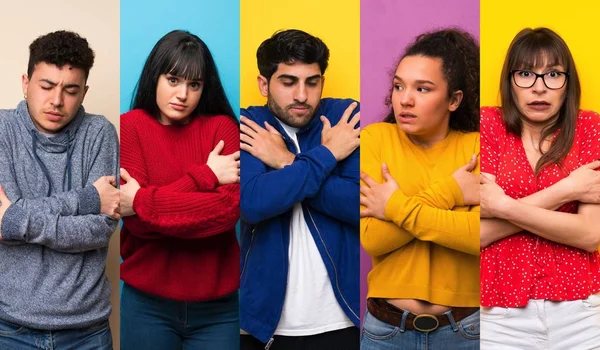 Menschen Mit Bunten Hintergründen Frieren — Stockfoto