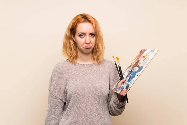 Młoda Kobieta Artysta Białym Tle Smutne — Zdjęcie stockowe
