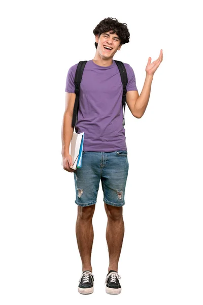 一个年轻学生男子在孤立的白色背景上微笑的全长镜头 — 图库照片