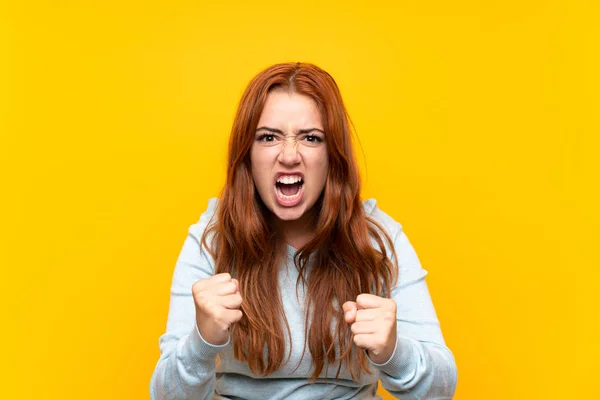 Teenager Redhead Girl Isolated Yellow Background Frustrated Bad Situation — Stock Photo, Image