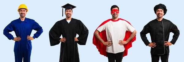 Gruppe Von Köchen Studenten Arbeitern Und Superhelden Posiert Mit Den — Stockfoto