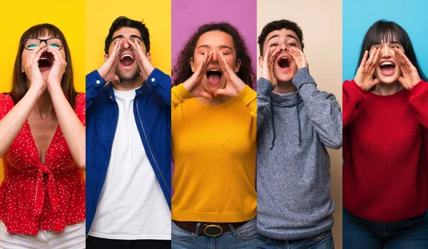 Conjunto Personas Sobre Fondos Coloridos Gritando Anunciando Algo —  Fotos de Stock