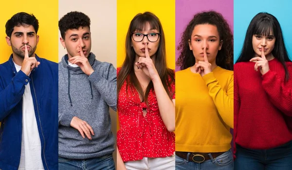 Conjunto Personas Sobre Fondos Coloridos Que Muestran Una Señal Gesto —  Fotos de Stock