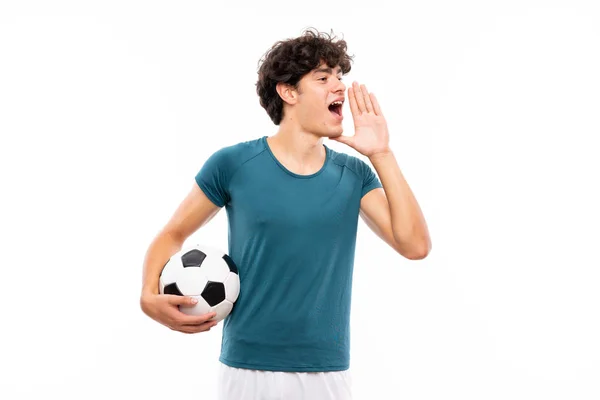 Young Football Speler Man Geïsoleerde Witte Muur Schreeuwen Met Mond — Stockfoto