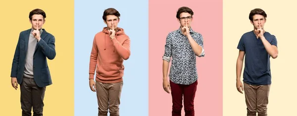 Conjunto Homens Mostrando Sinal Silêncio Gesto Colocando Dedo Boca — Fotografia de Stock