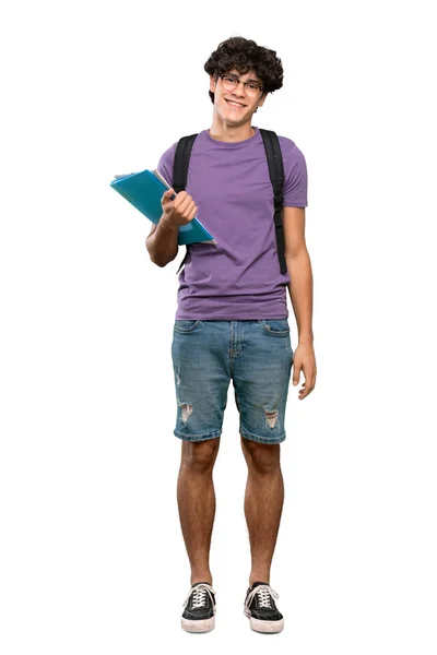 Full Length Shot Young Student Man Glasses Happy Isolated White — Stock Photo, Image