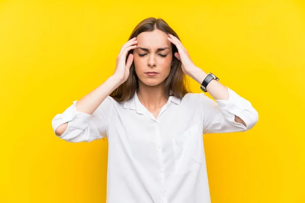 Young Woman Isolated Yellow Background Unhappy Frustrated Something Negative Facial — Stock Photo, Image