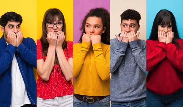 Conjunto Personas Sobre Fondos Coloridos Nervioso Asustado Poniendo Las Manos —  Fotos de Stock