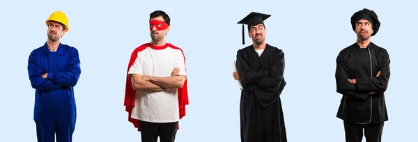 Grupp Elev Arbetare Och Superhjälte Med Förvirrade Ansiktsuttryck Medan Biter — Stockfoto