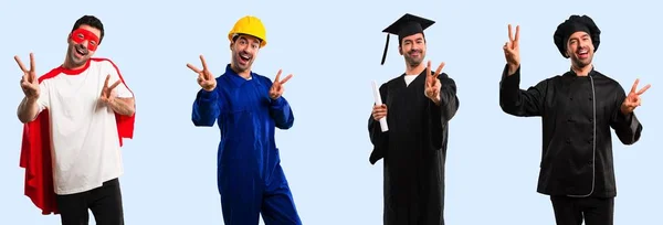 Group Chef Student Worker Super Hero Smiling Showing Victory Sign — Stock Photo, Image