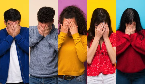 Conjunto Personas Sobre Fondos Coloridos Con Expresión Cansada Enferma —  Fotos de Stock