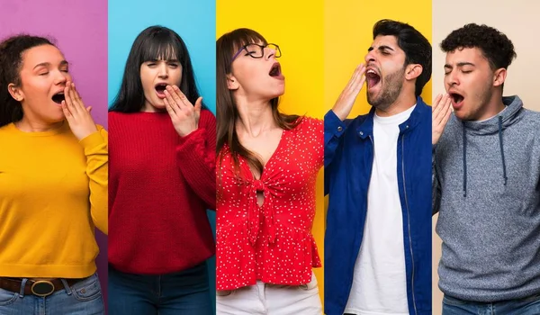 Conjunto Personas Sobre Fondos Coloridos Bostezando Cubriendo Boca Abierta Con —  Fotos de Stock