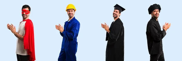 Groep Van Chef Kok Student Werknemer Superheld Applaudisseren Presentatie Een — Stockfoto