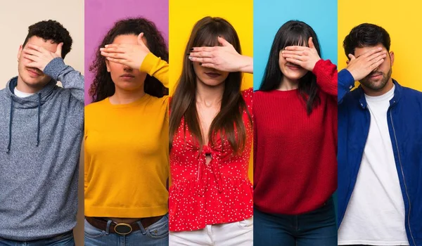 Conjunto Personas Sobre Fondos Coloridos Que Cubren Los Ojos Con —  Fotos de Stock