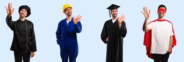 Group Chef Student Worker Super Hero Saluting Hand Happy Expression — Stock Photo, Image