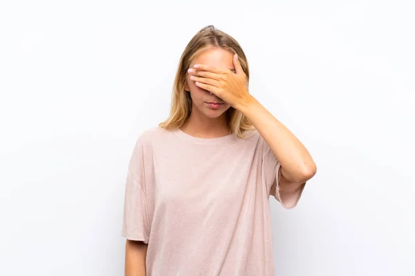 Blonde Young Woman Isolated White Background Covering Eyes Hands — Stock Photo, Image