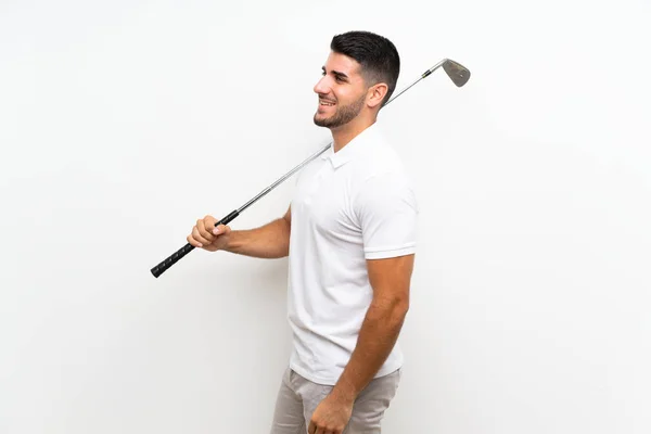 Guapo joven jugador de golf hombre sobre fondo blanco aislado —  Fotos de Stock