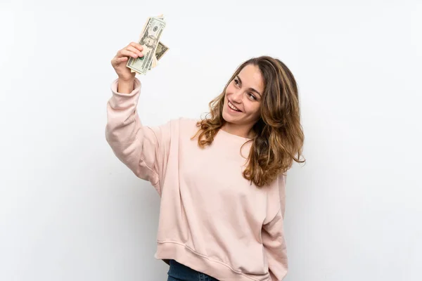 Young Blonde Woman Taking Lot Money — Stock Photo, Image