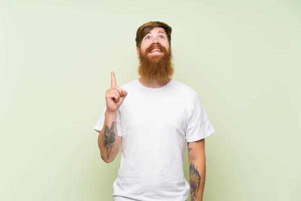 Redhead man with long beard over isolated green background pointing up and surprised