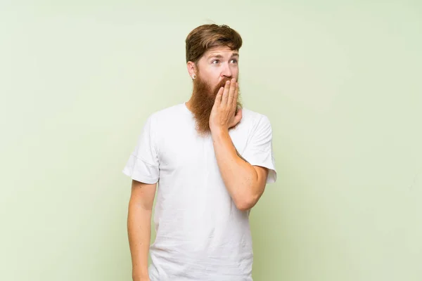 Redhead Man Long Beard Isolated Green Background Yawning Covering Wide — Stock Photo, Image